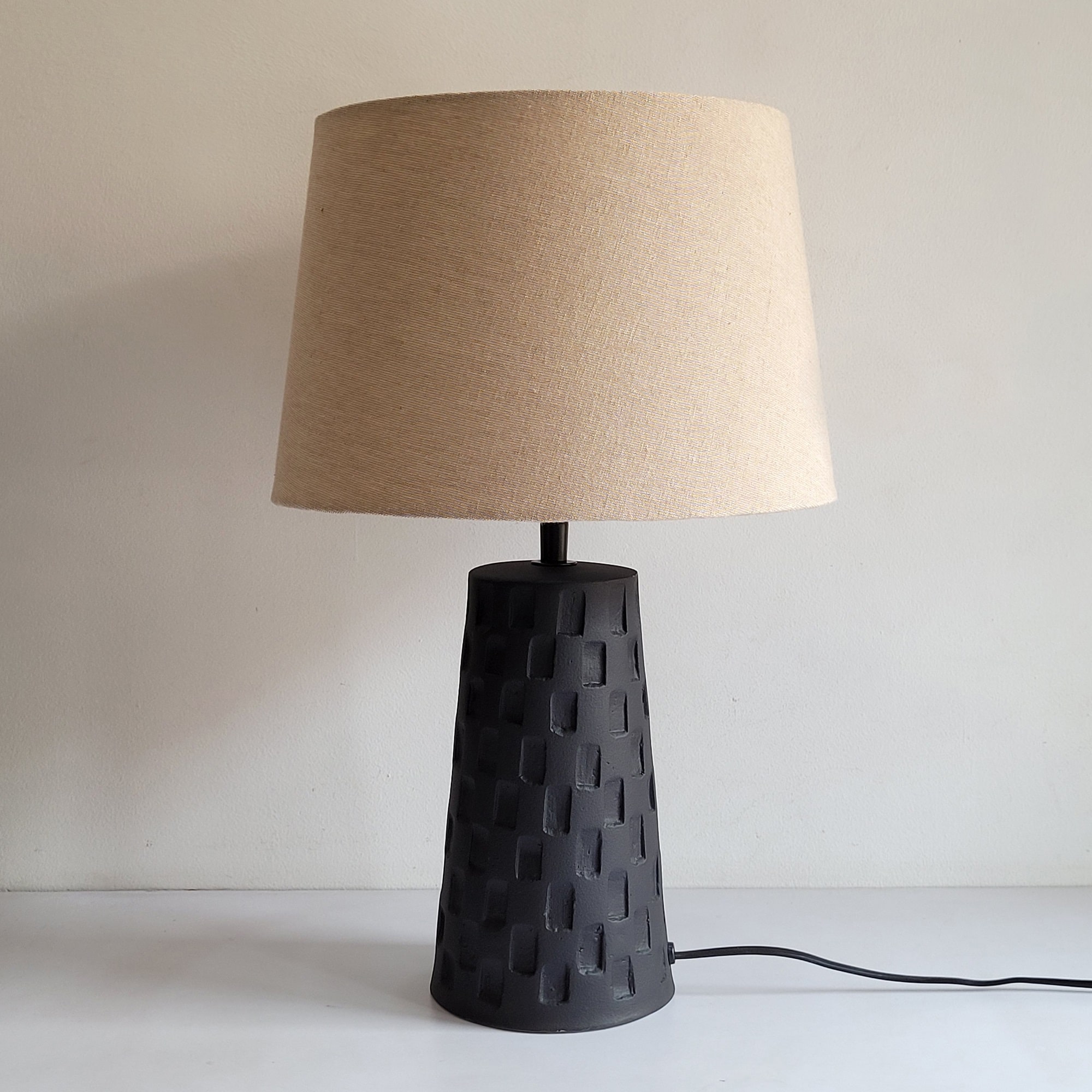 BLACK TERRACOTTA TABLE LAMP HAND CARVED BASE